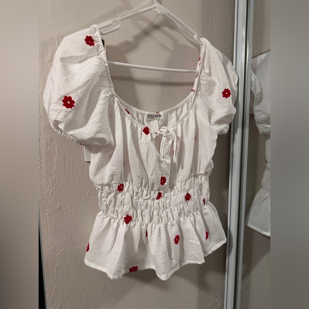 White and Red Floral Women's Top
